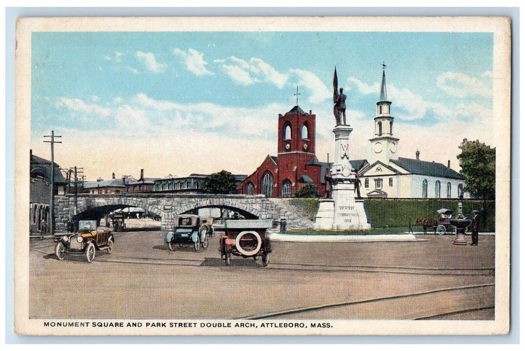 c1910 Monument Square Park Street Double Arch Attleboro Massachusetts Postcard