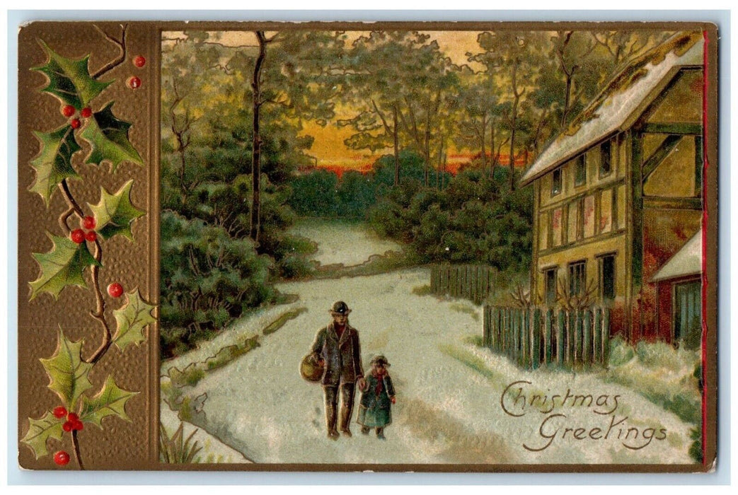 c1910's Christmas Greetings Father And Daughter Holly Berries Embossed Postcard