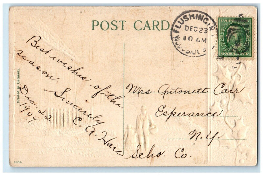 c1910's Christmas Greetings Father And Daughter Holly Berries Embossed Postcard