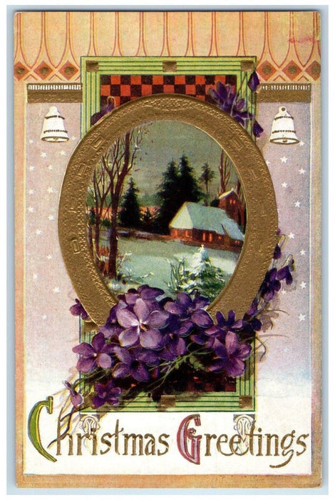 c1910's Christmas Greetings Horseshoe Pansies Flowers Winter Embossed Postcard