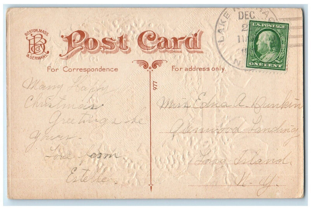 c1910's Christmas Goodluck Holly Berries Red Ribbon Embossed Antique Postcard