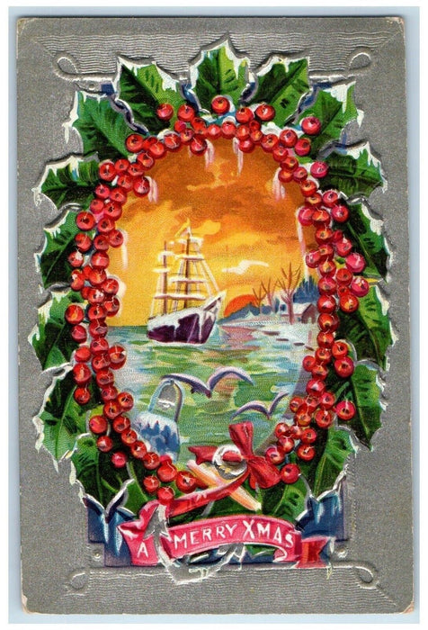 c1910's Christmas Holly Berries Birds Boat Embossed Posted Antique Postcard