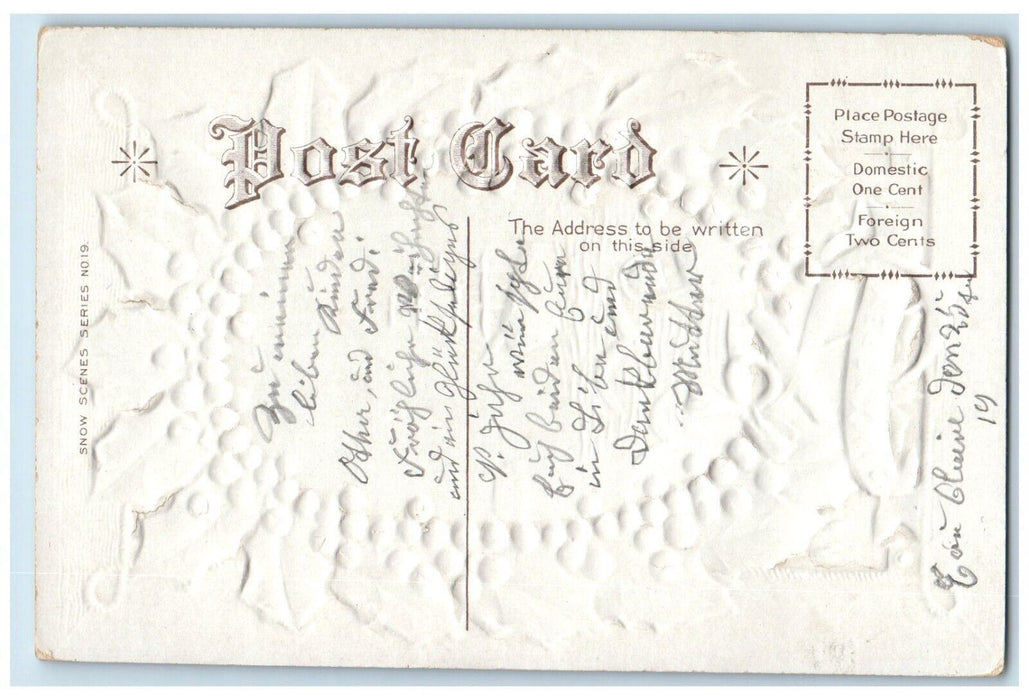 c1910's Christmas Holly Berries Birds Boat Embossed Posted Antique Postcard