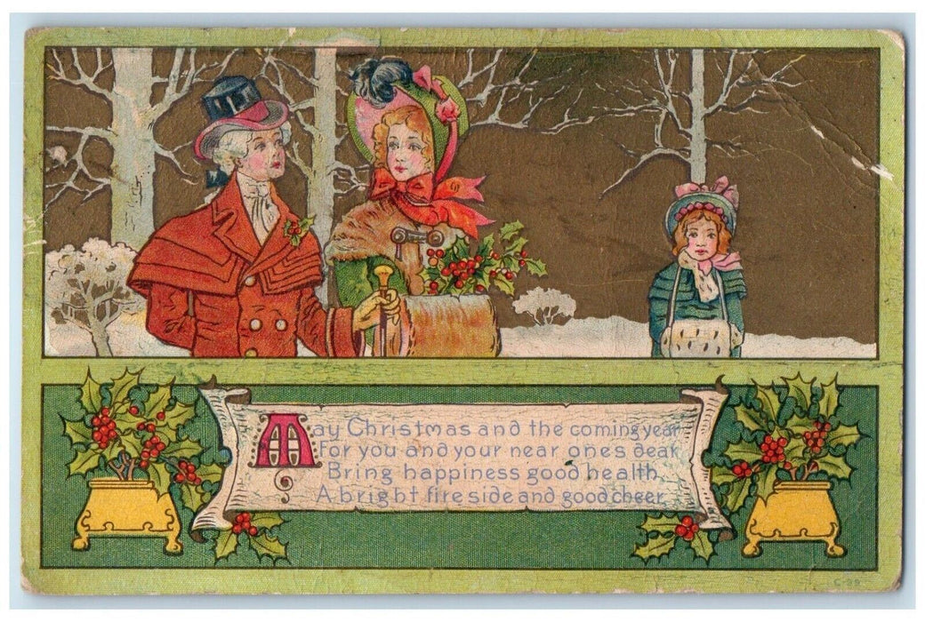 1915 Christmas Holly Family Handwarmer Winter Embossed Posted Antique Postcard