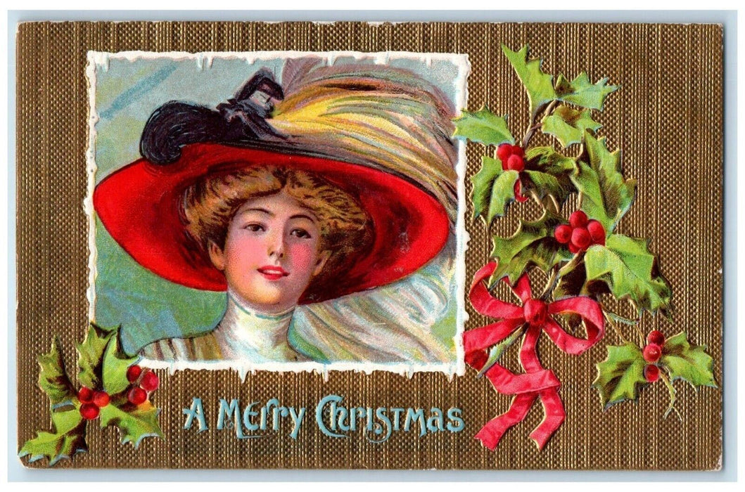 1909 Christmas Victorian Girl Feather Hat Holly Berries Embossed Posted Postcard