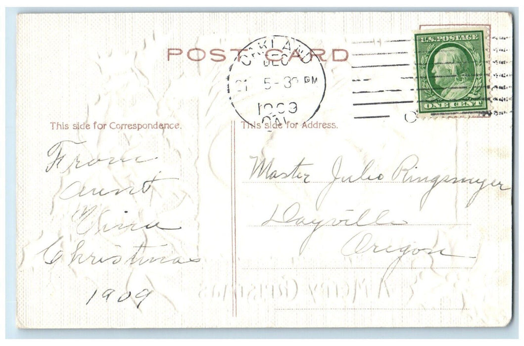 1909 Christmas Victorian Girl Feather Hat Holly Berries Embossed Posted Postcard