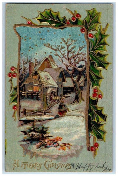 c1910's Christmas Holly Berries House Winter Snow Embossed Antique Postcard