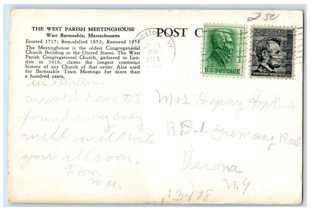 1968 West Parish Meetinghouse West Barnstable Massachusetts MA Vintage Postcard