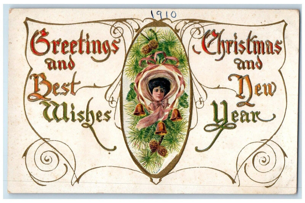 1910 Christmas Greetings Pine Cone Pretty Girl Head Embossed Antique Postcard