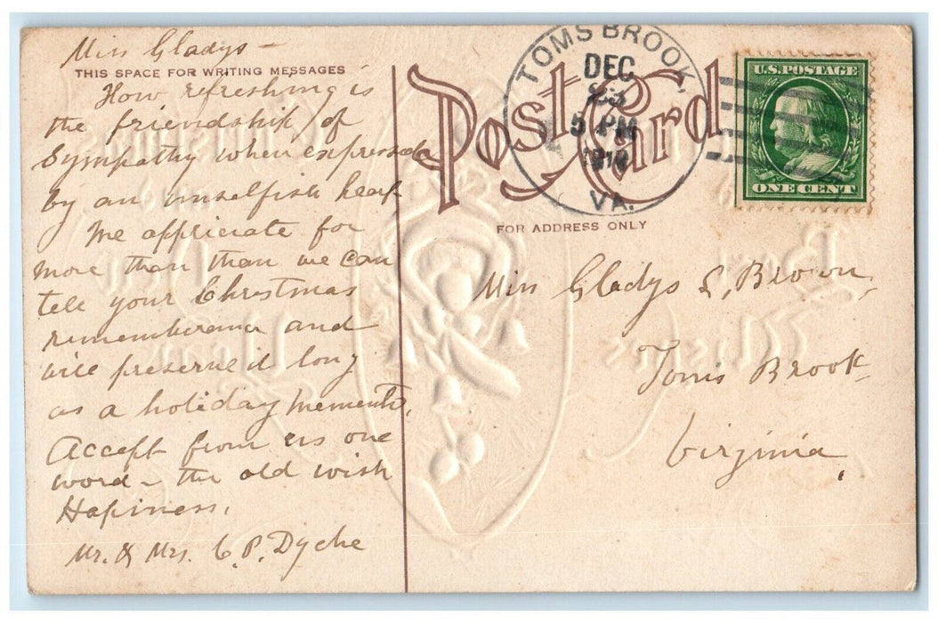 1910 Christmas Greetings Pine Cone Pretty Girl Head Embossed Antique Postcard