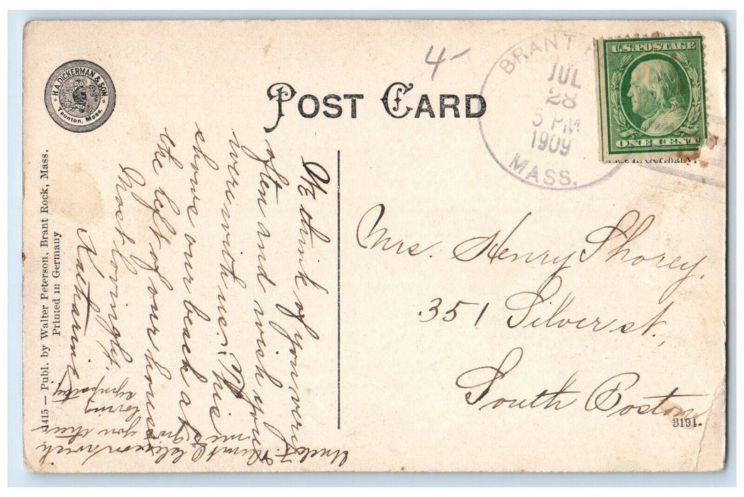 1909 Beach Scene Boat Sand Sea Brant Rock Massachusetts Vintage Antique Postcard