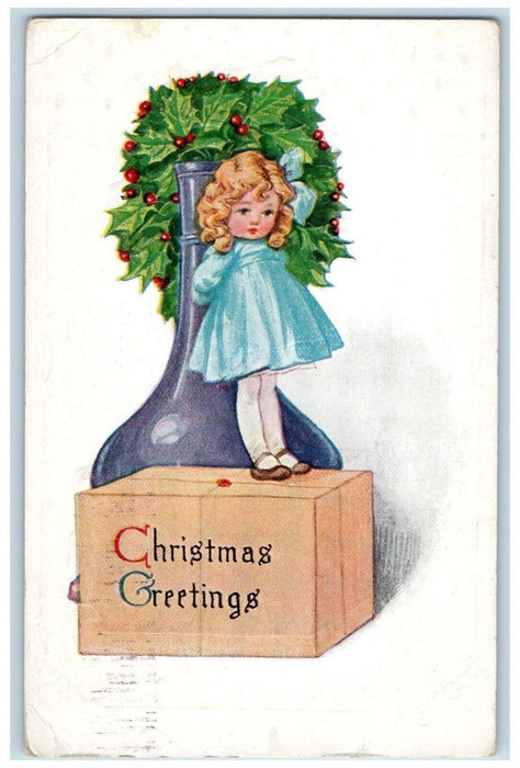 c1910's Christmas Greetings Box Standing Cute Little Girl Holly Antique Postcard
