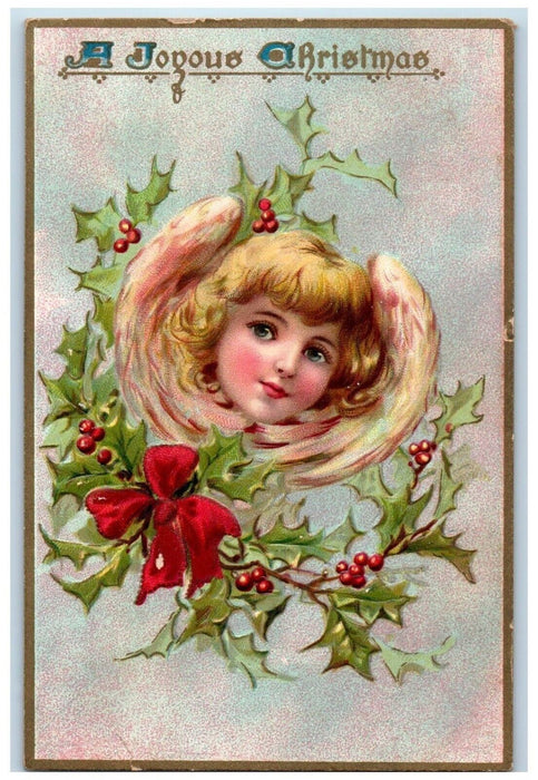 1908 Christmas Pretty Angel Head Holly Berries Ribbon Tuck's Embossed Postcard