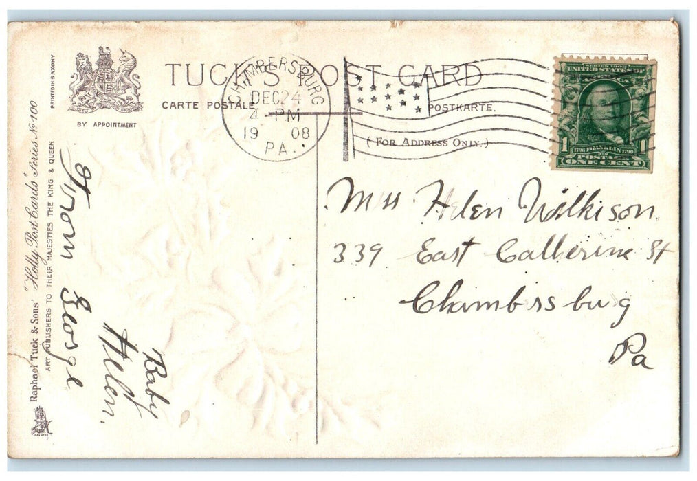 1908 Christmas Pretty Angel Head Holly Berries Ribbon Tuck's Embossed Postcard