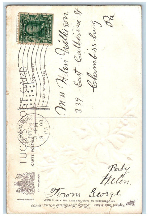 1908 Christmas Pretty Angel Head Holly Berries Ribbon Tuck's Embossed Postcard