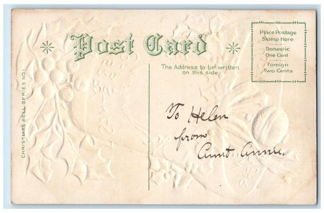 c1910's Christmas Giant Holly Bell House Winter Snow Moon View Embossed Postcard