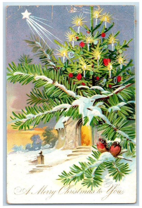 c1910's Christmas Tree Decorated Candles Birds Winter Snow Embossed Postcard