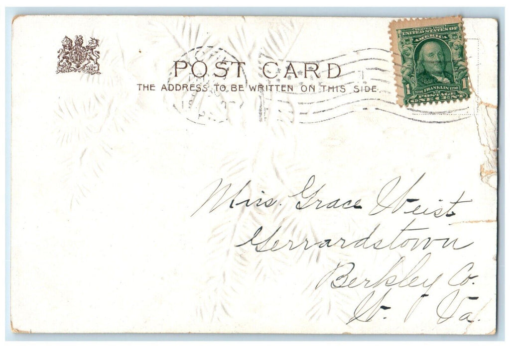 c1910's Christmas Tree Decorated Candles Birds Winter Snow Embossed Postcard