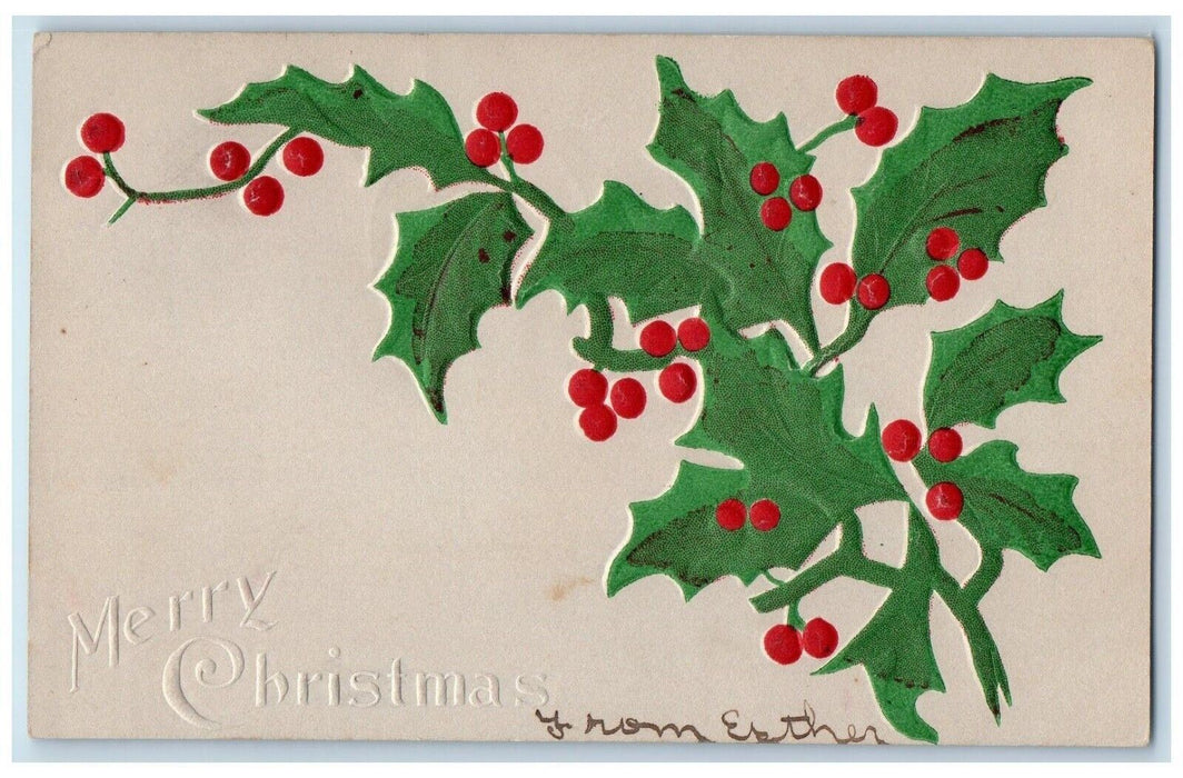 1907 Christmas Holly Berries Airbrushed Embossed Posted Antique Postcard