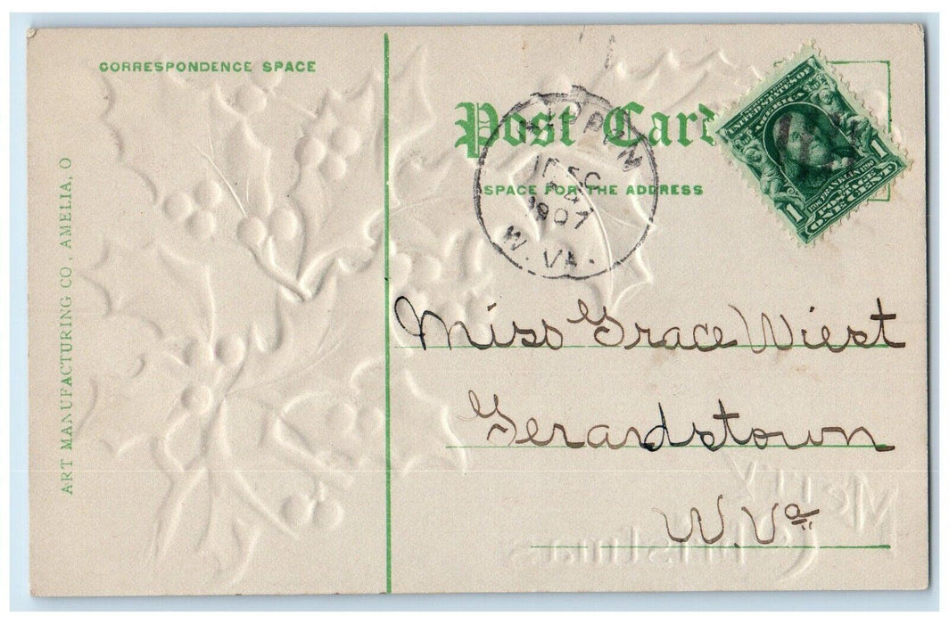 1907 Christmas Holly Berries Airbrushed Embossed Posted Antique Postcard