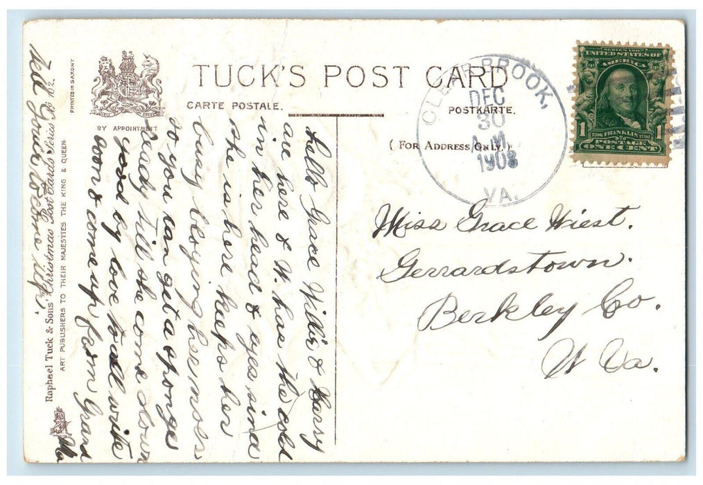 1908 Christmas Greetings Pretty Girl Holly Tuck's Clearbrook VA Antique Postcard