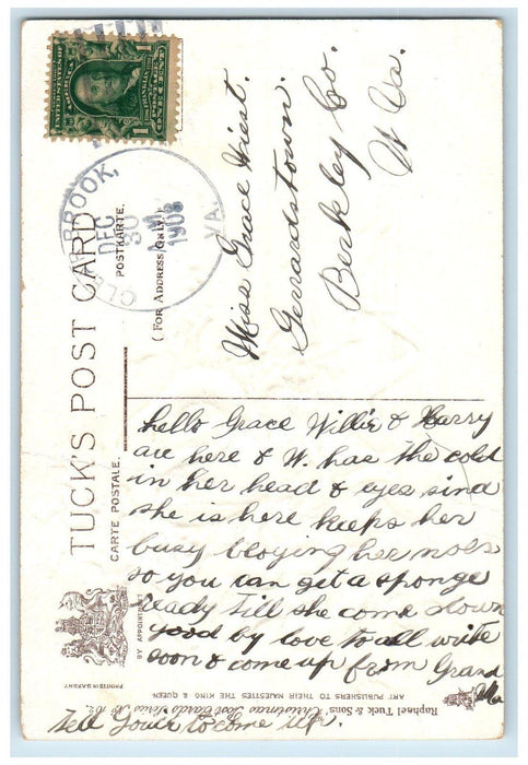 1908 Christmas Greetings Pretty Girl Holly Tuck's Clearbrook VA Antique Postcard