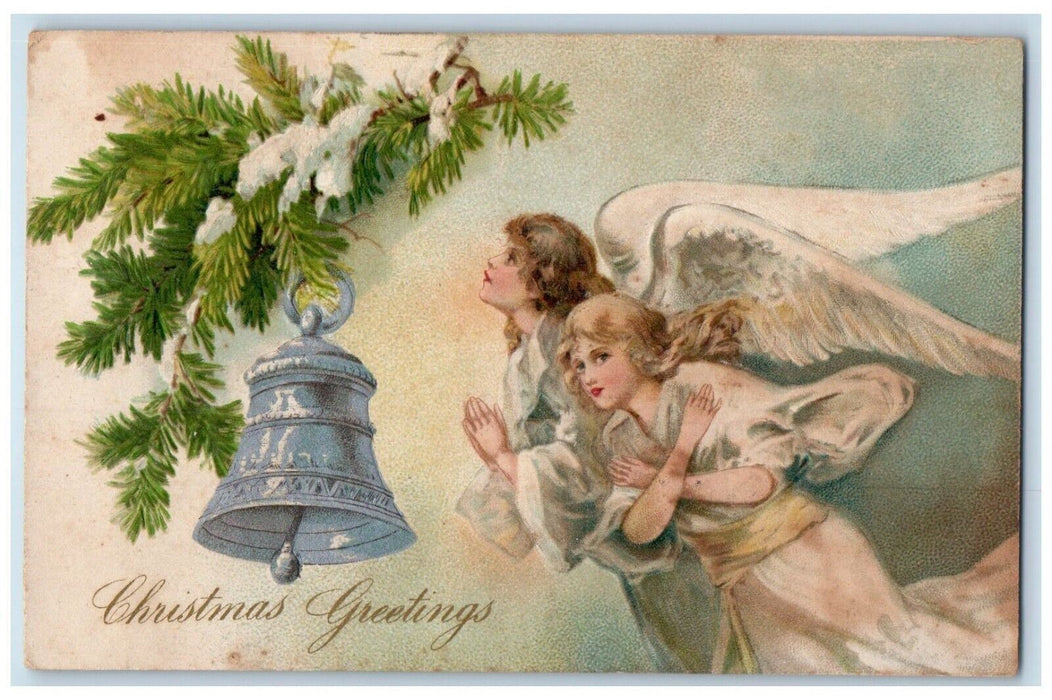 1907 Christmas Greetings Pine Leaf Snow Bell Embossed New Market VA Postcard