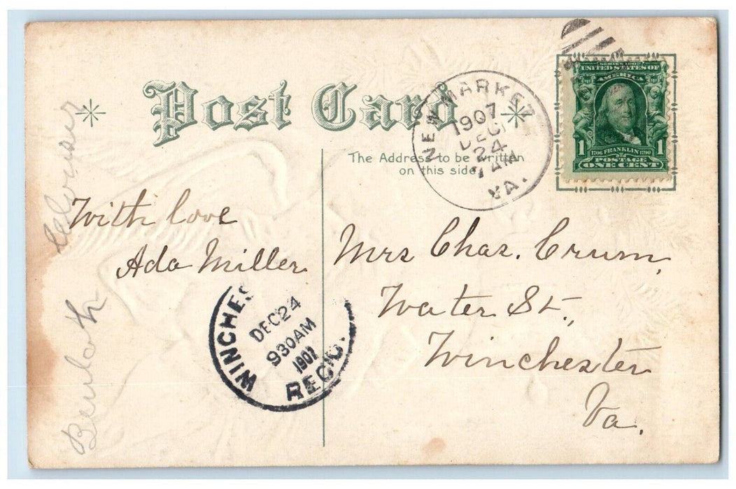 1907 Christmas Greetings Pine Leaf Snow Bell Embossed New Market VA Postcard