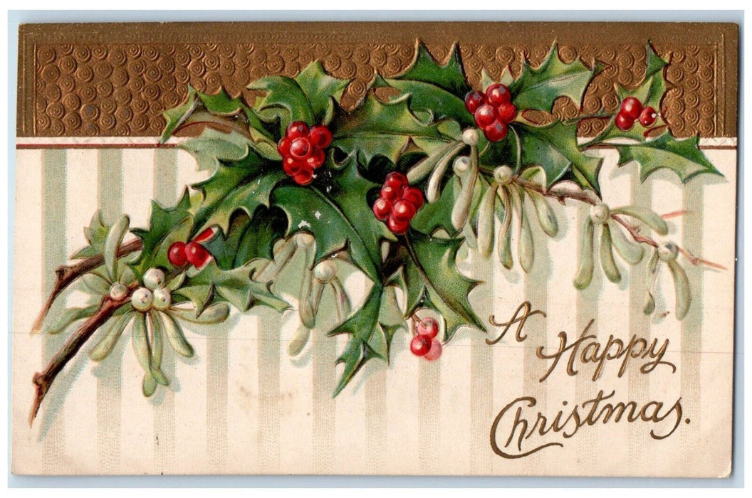 c1910's Christmas Holly Berries Clapsaddle (?) Embossed Posted Antique Postcard