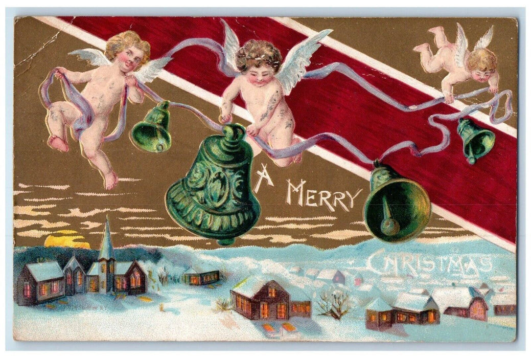 1908 Christmas Floating Angel Bare Butt Bells House Chruch Embossed Postcard