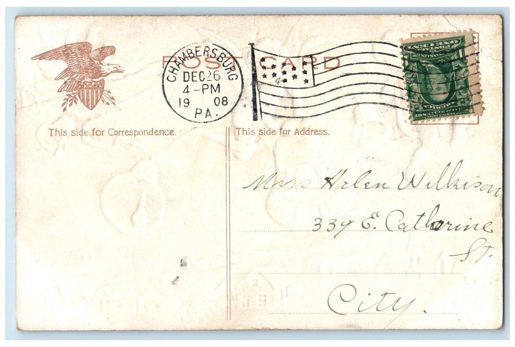 1908 Christmas Floating Angel Bare Butt Bells House Chruch Embossed Postcard