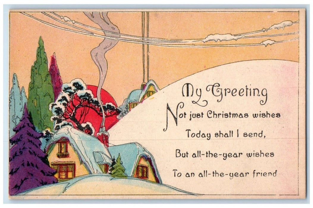 c1905 Christmas Greetings House Chimney Pine Tree Arts & Crafts Antique Postcard
