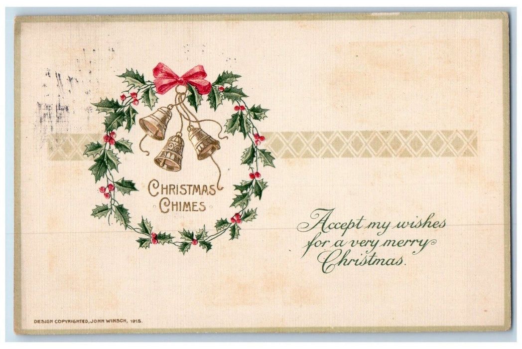 1915 Christmas Chimes Whreat Bells John Winsch Artist Signed Embossed Postcard