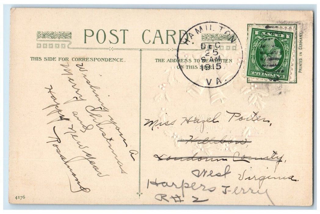 1915 Christmas Chimes Whreat Bells John Winsch Artist Signed Embossed Postcard