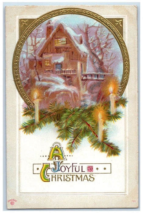 1911 Christmas Pine Leaf Candles House Covered Snow Embossed Antique Postcard