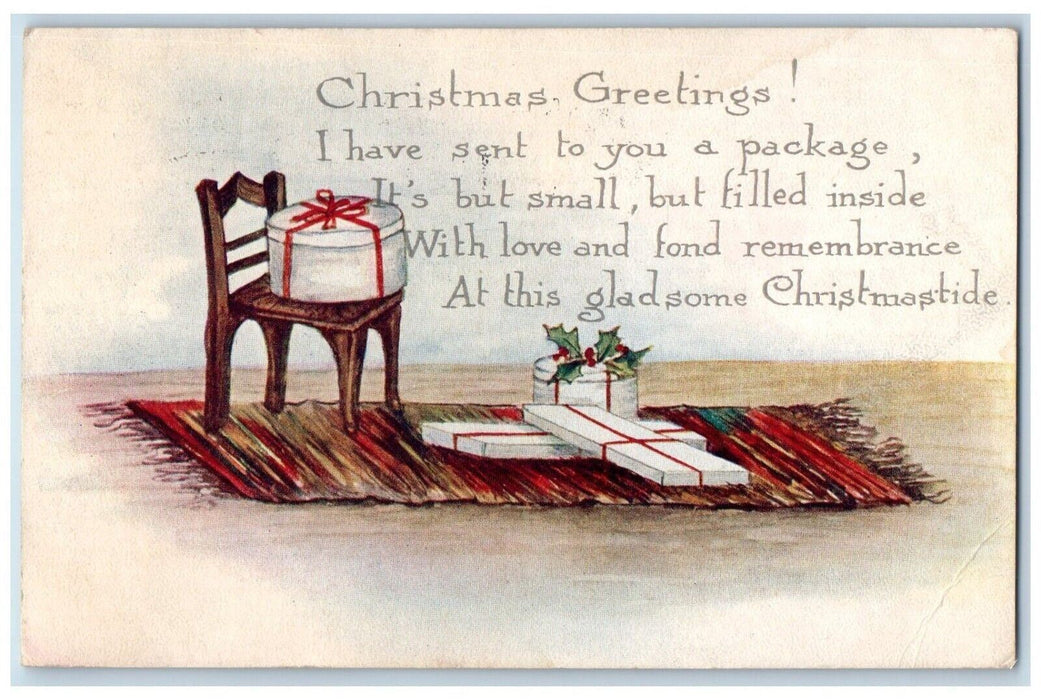 1916 Christmas Greetings Chair Gifts Present Chicago Illinois IL Postcard