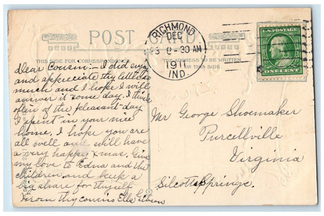 1911 Christmas Qoutes House Winter Snow Winsch Back Richmond IN Posted Postcard