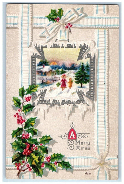 1910 Christmas Holly Berries Winter Snow Pine Trees Embossed Antique Postcard