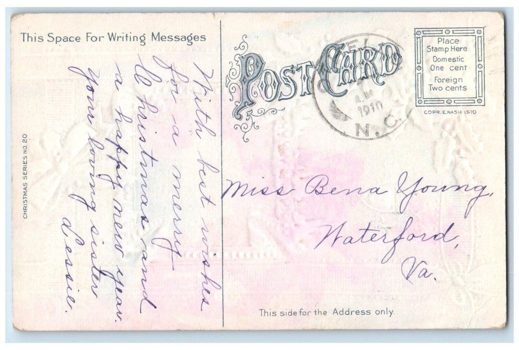 1910 Christmas Holly Berries Winter Snow Pine Trees Embossed Antique Postcard