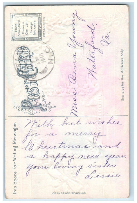 1910 Christmas Holly Berries Winter Snow Pine Trees Embossed Antique Postcard