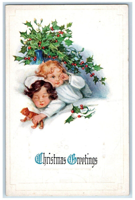 c1910's Christmas Greetings Two Babies Doll Holly Berries Embossed Postcard