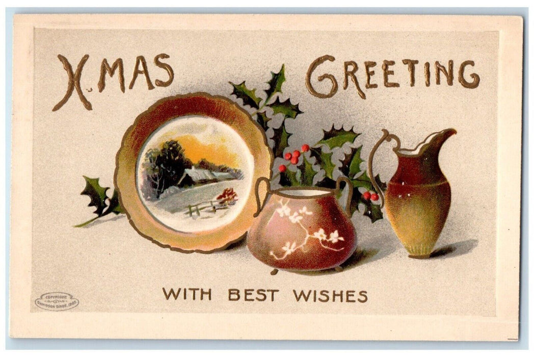 c1910's Christmas Greetings Holly Berries Plate Mug Embossed Antique Postcard