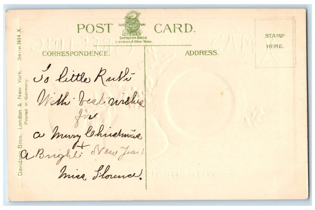 c1910's Christmas Greetings Holly Berries Plate Mug Embossed Antique Postcard