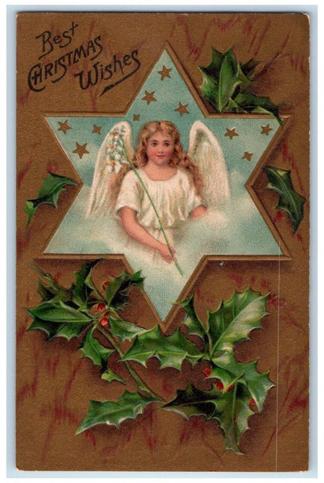 c1910's Christmas Wishes Holly Angel Stars Embossed Unposted Antique Postcard