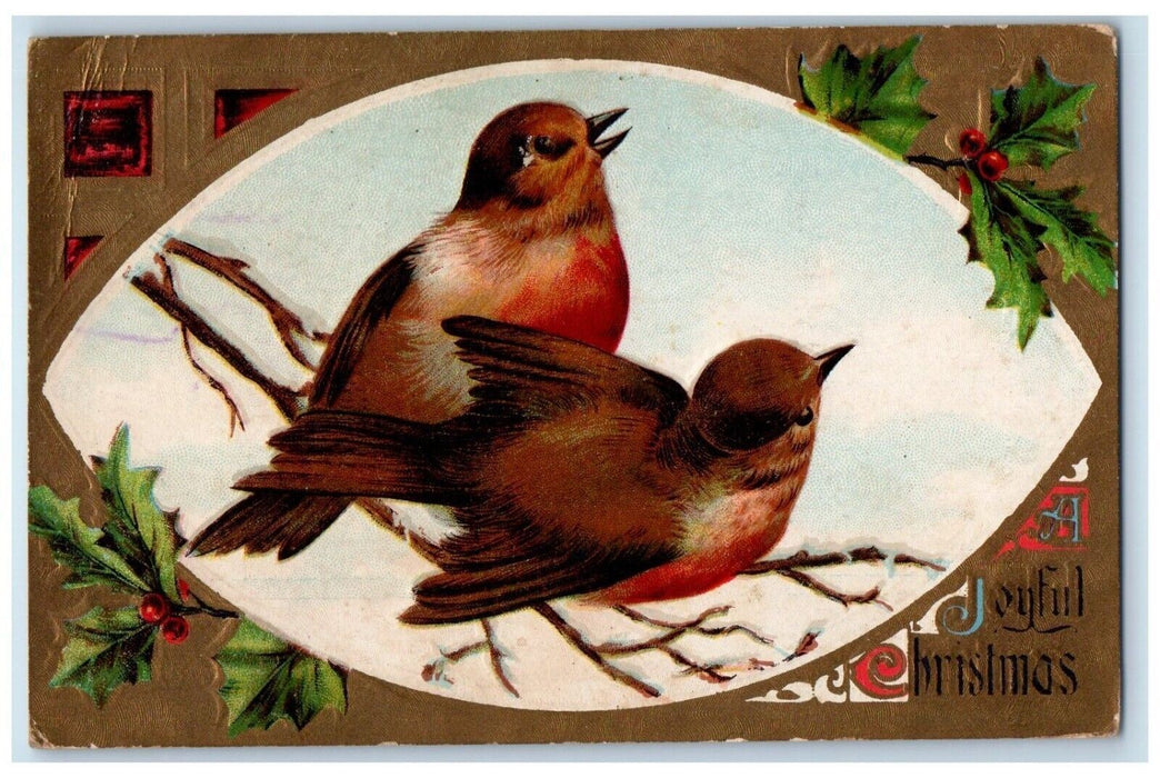 1911 Christmas Song Birds Holly Berries Embossed Posted Antique Postcard