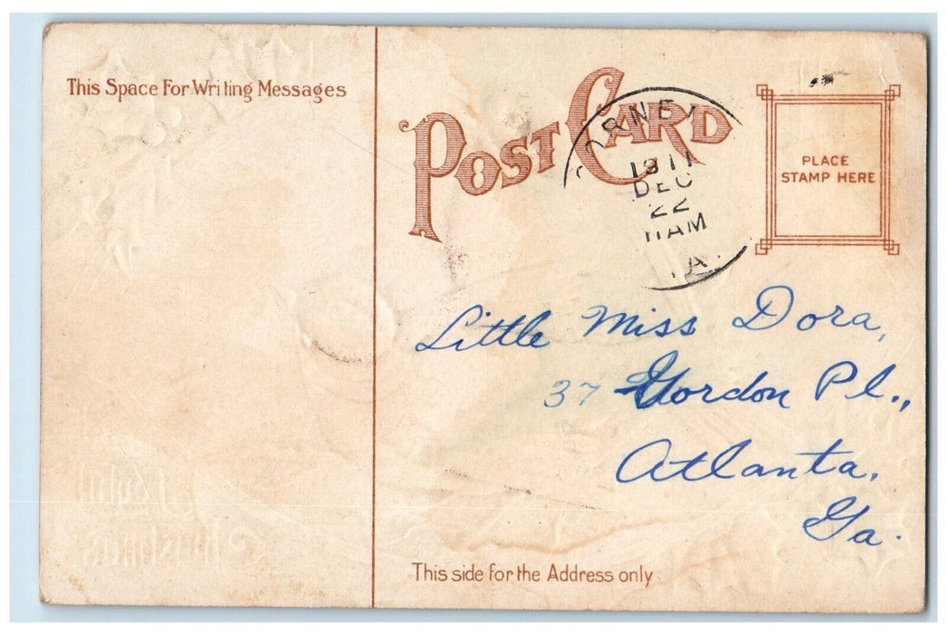 1911 Christmas Song Birds Holly Berries Embossed Posted Antique Postcard