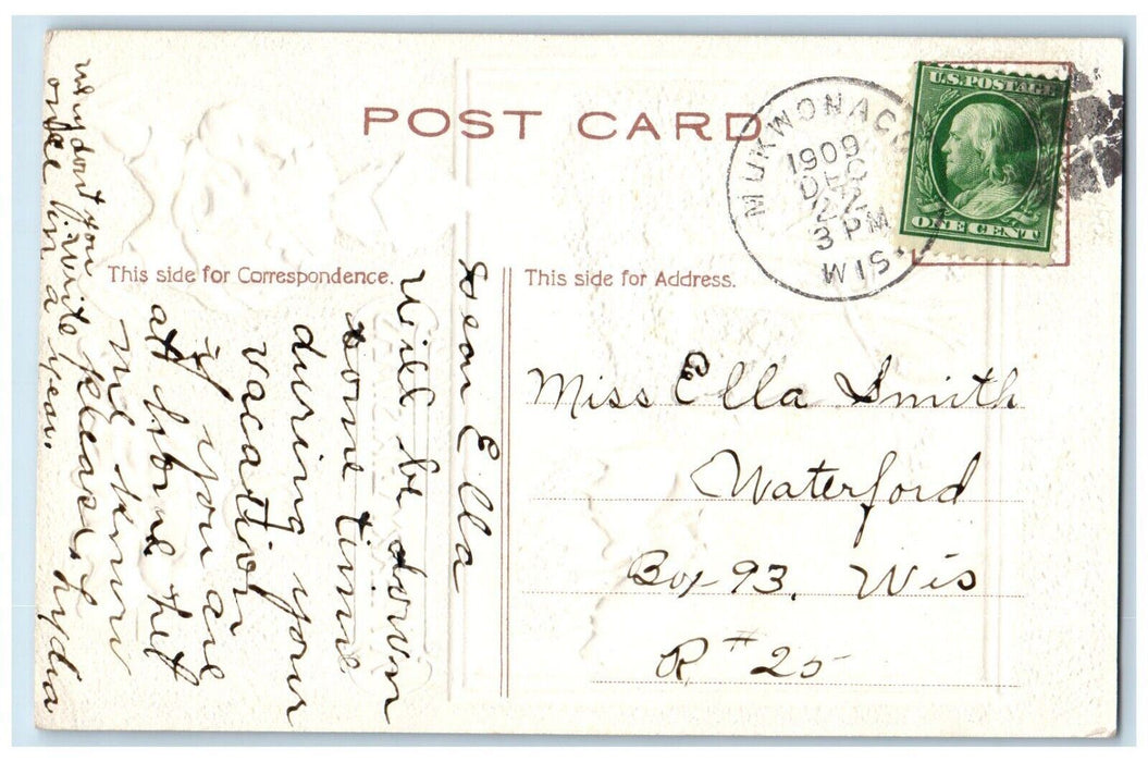 1909 Christmas Lamb Boy Girl Flute Winter Snow Embossed Posted Antique Postcard