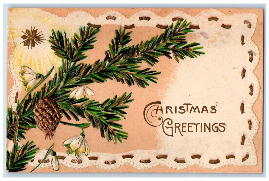 c1910's Christmas Greetings Pine Cone Flowers Embossed Posted Antique Postcard
