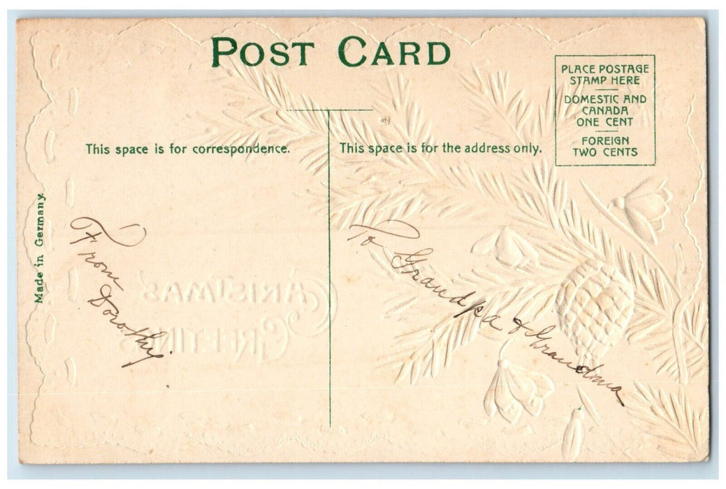c1910's Christmas Greetings Pine Cone Flowers Embossed Posted Antique Postcard