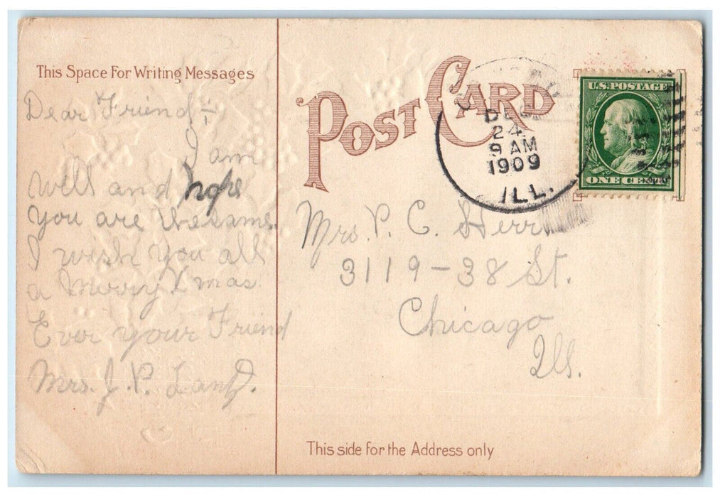 1909 Christmas Baby Jesus & Mary Holly Berries Embossed Posted Antique Postcard